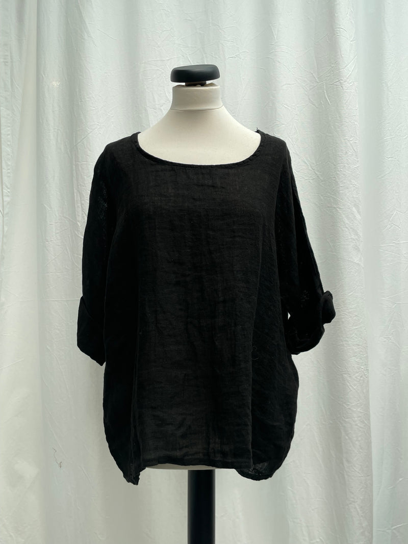 Round-neck Linen Blouse Ecru Black